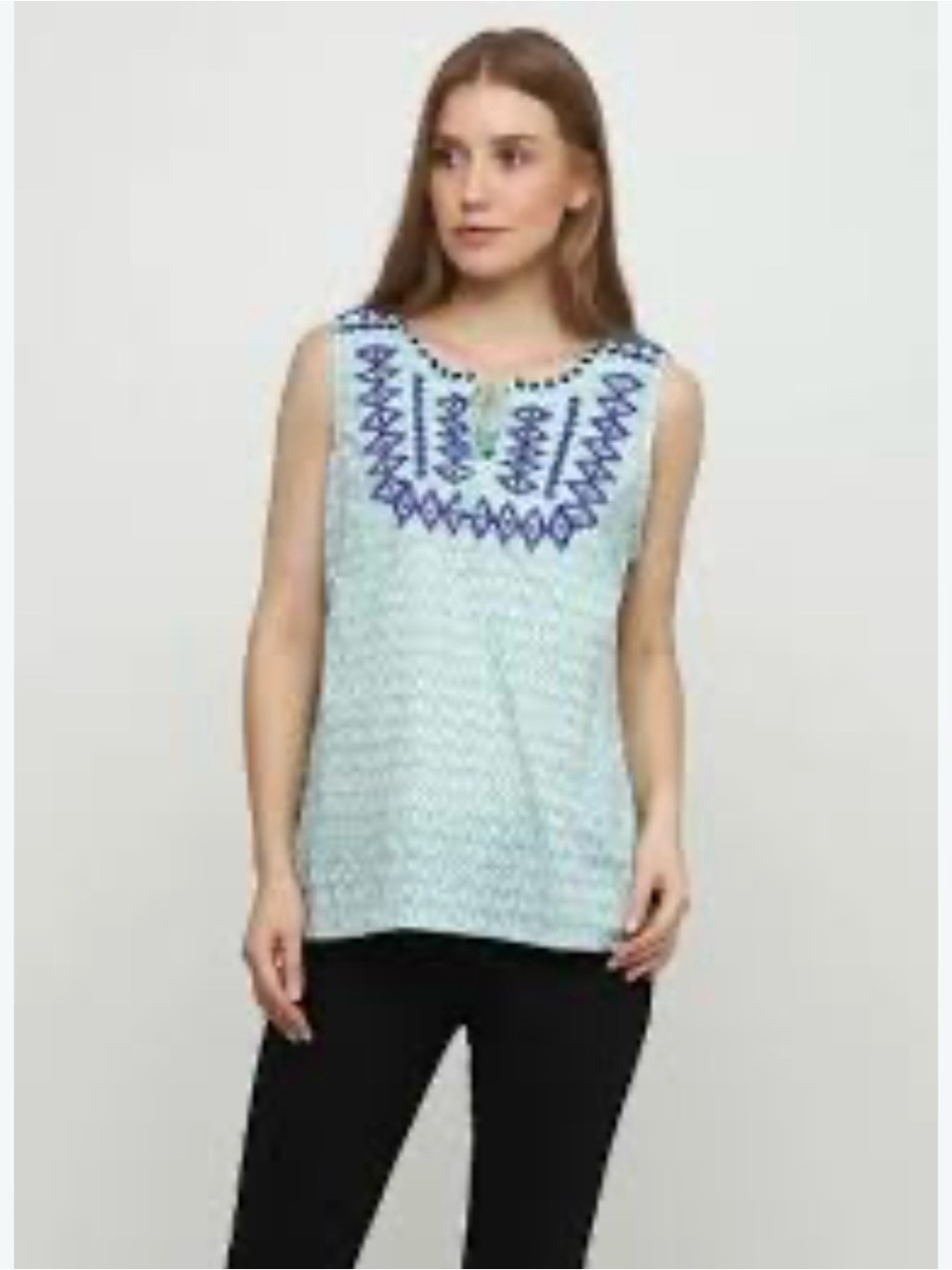 Embroidered Sleeveless Tunic Top - Aqua & Navy